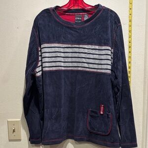 Erika Women's Navy and Gray Striped Crewneck Sweater